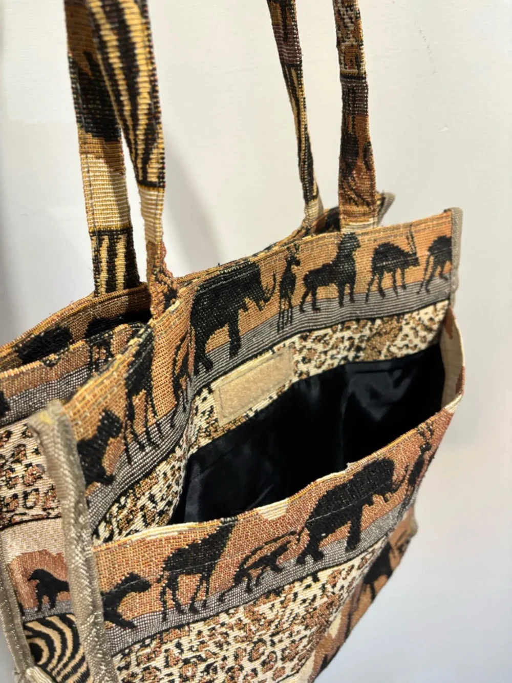 Jade Safari Shoulder Tote in Tan & Brown African Print Elephants Leopard Zebra